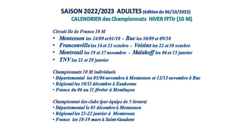Programme des compétitions Hiver Adultes 2022-2023